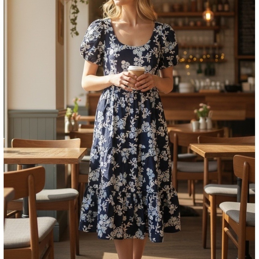 J Crew Dress Blue Floral Tiered Midi Feminine Sundress Puff Sleeves Pockets Sz 6